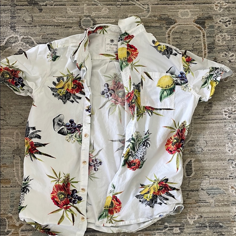 On the Byas Red and White Casual Button Down Shirt with Tropical Flair